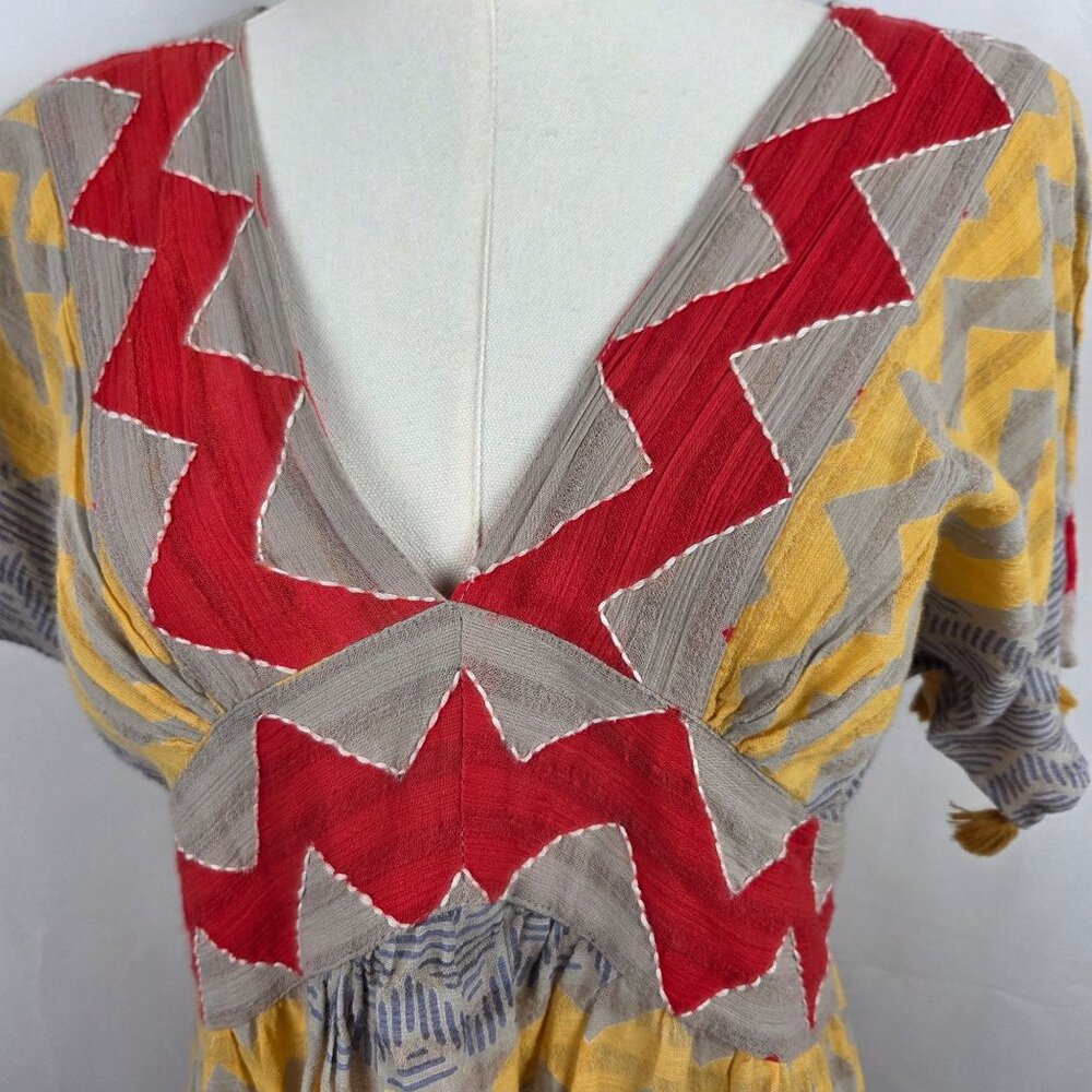 Oliphant Top XS Multicolor Tan Chevron Cotton Boho Blouse Tassels SS Folk Artsy - Picture 2 of 10